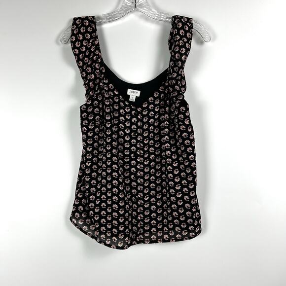 J Crew Ruffle Sleeveless Button Front Floral Black Blouse Coquette Womens Size 0 - Picture 3 of 12